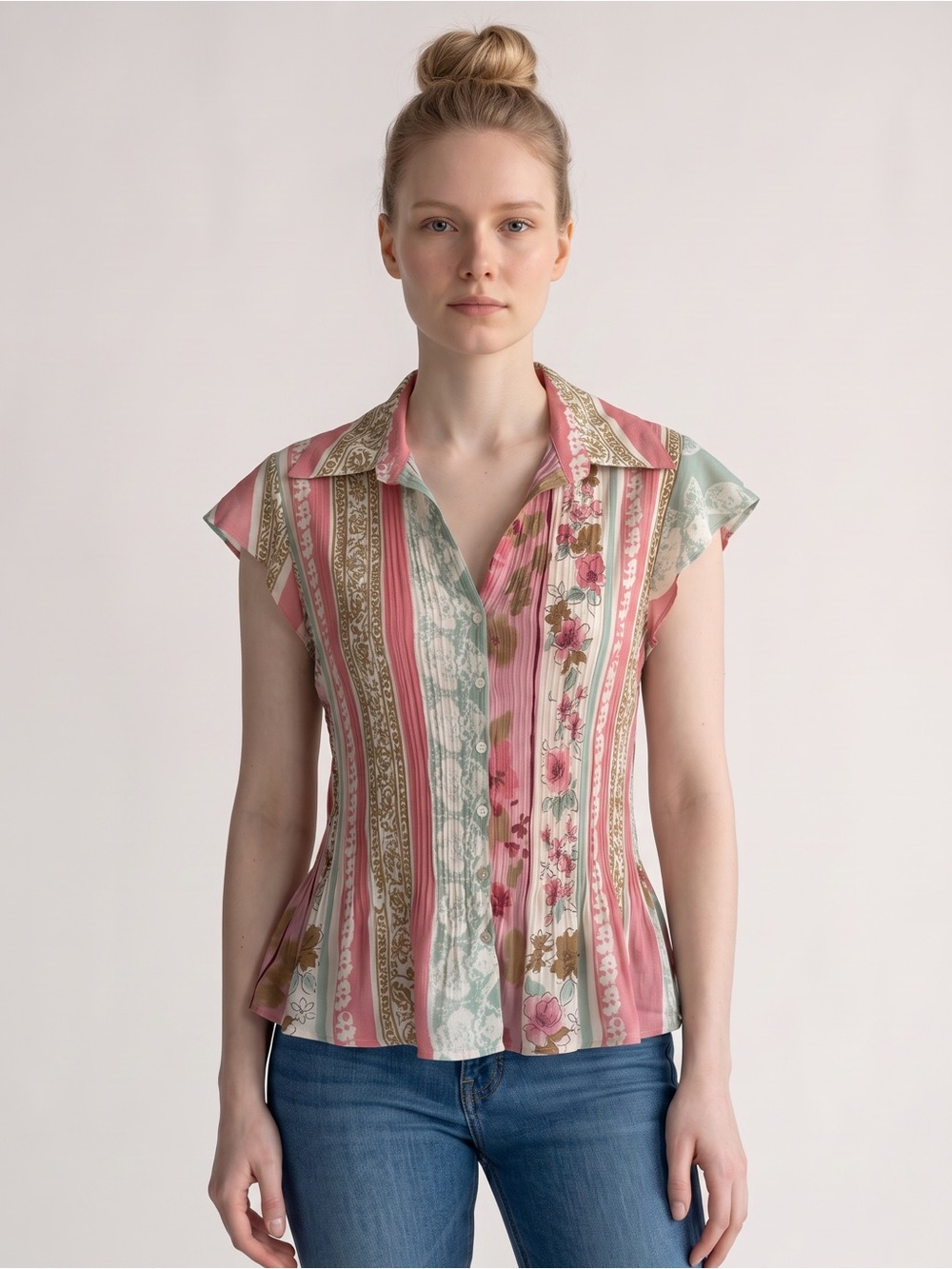 Vintage Tailor B. Moss Cottagecore Striped Cap-Sleeve Button Front Top. L